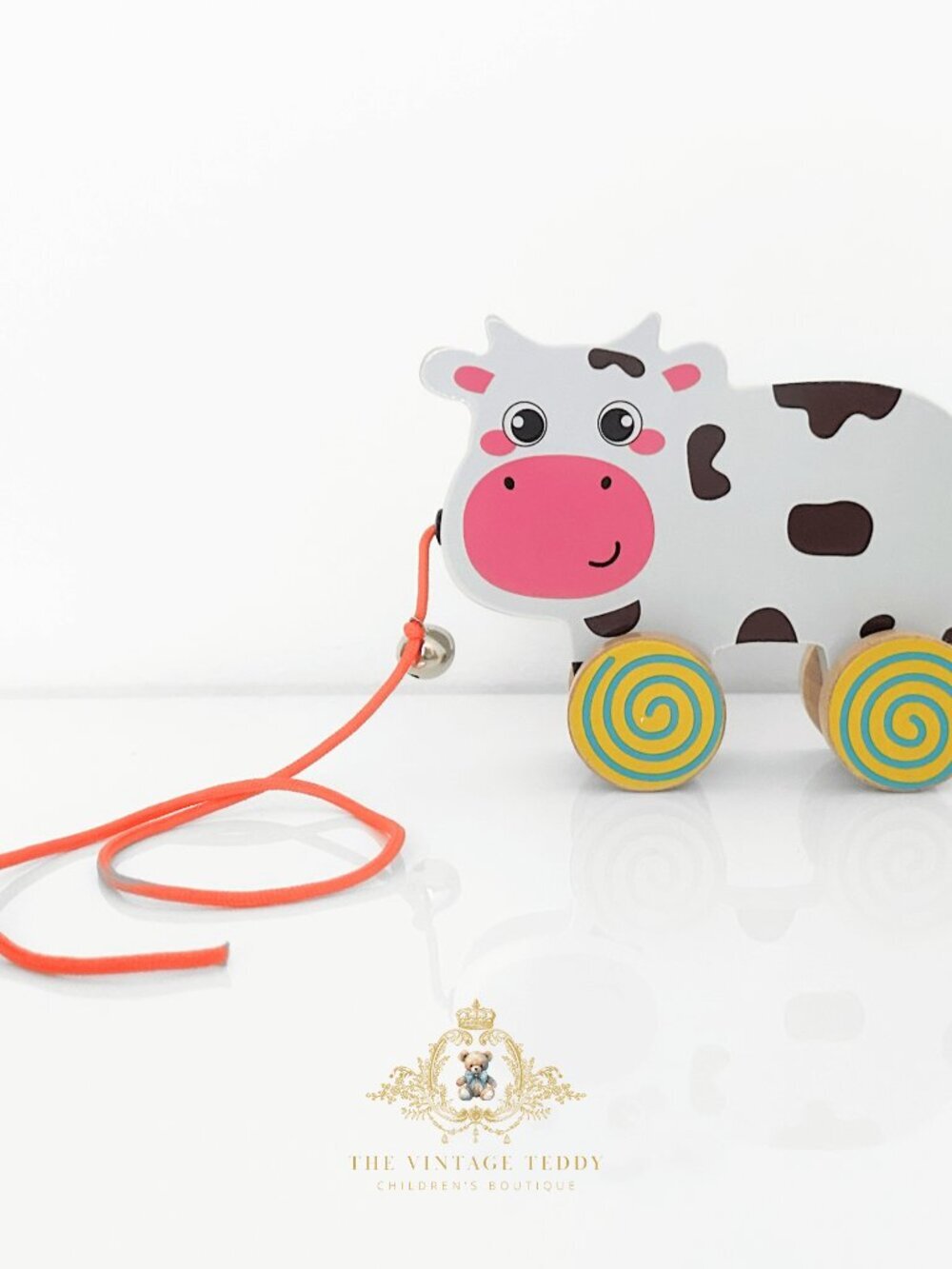 NWT Cute Children's Wooden Hand-Painted Toy Pull Along Animal Trailer Little Cow